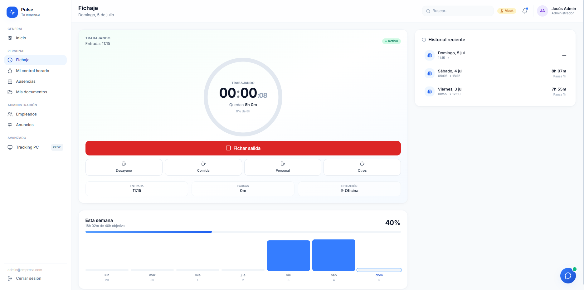 Pulse — fichaje con temporizador y pausas