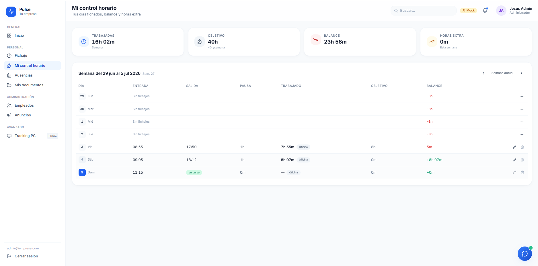 Pulse — control horario: jornada, balance y horas extra
